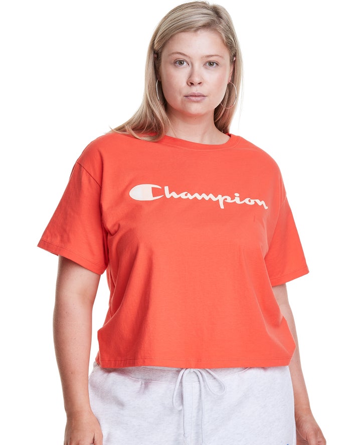 Champion Plus Cropped Script C Logo T-Shirt Dames - Oranje - Belgie 0927EYFPM